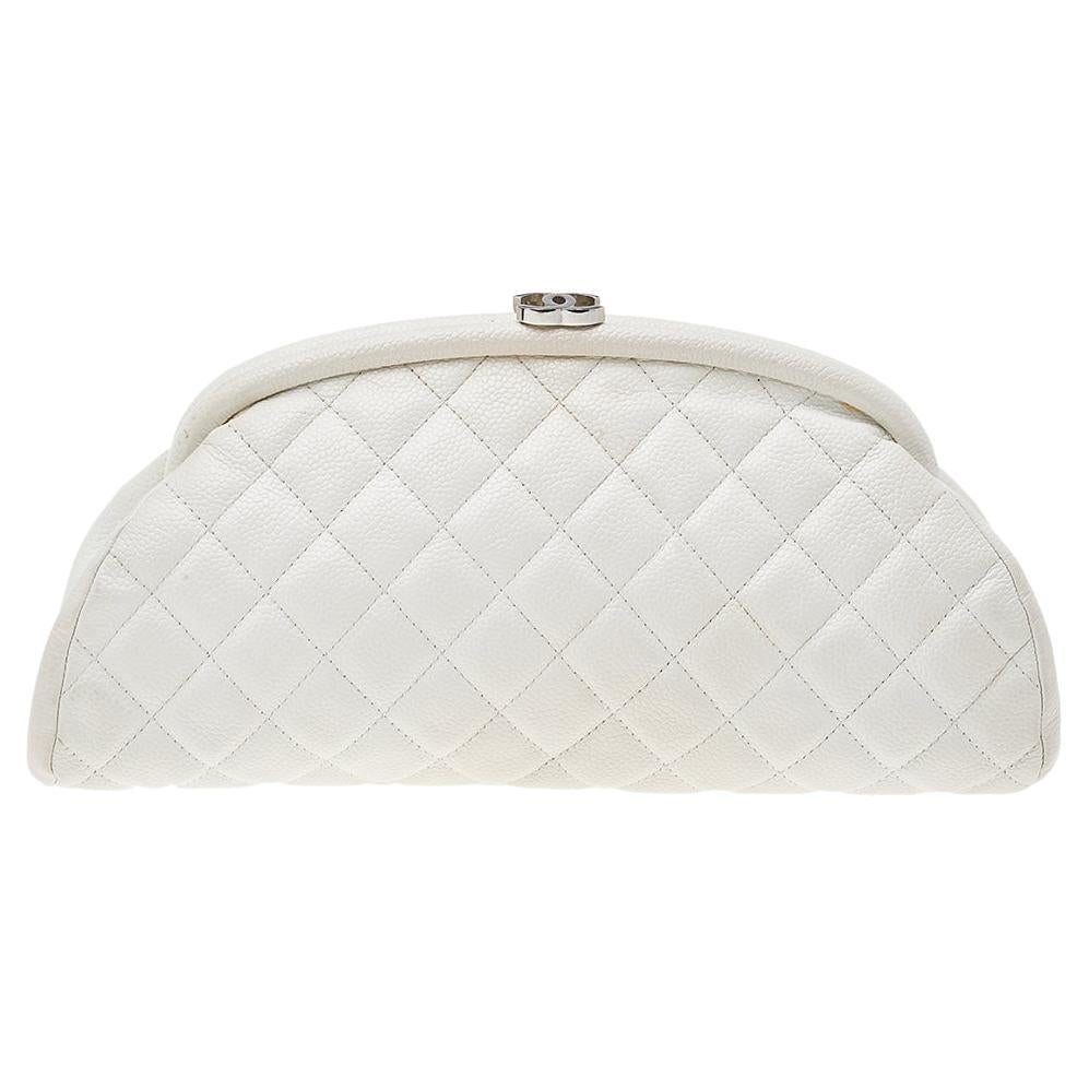 Chanel White Quilted Caviar Leather Timeless Clutch