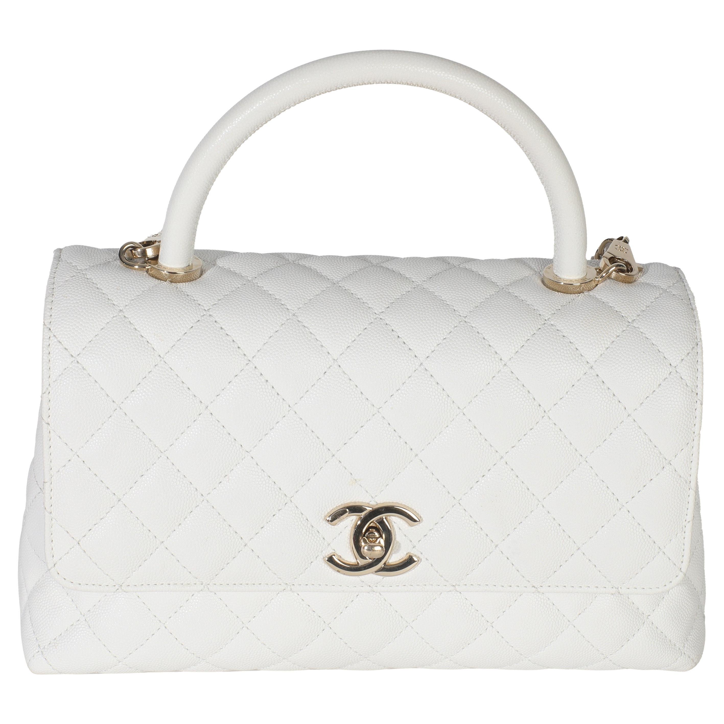 Chanel White Quilted Caviar Medium Coco Top Handle Handtasche im Angebot