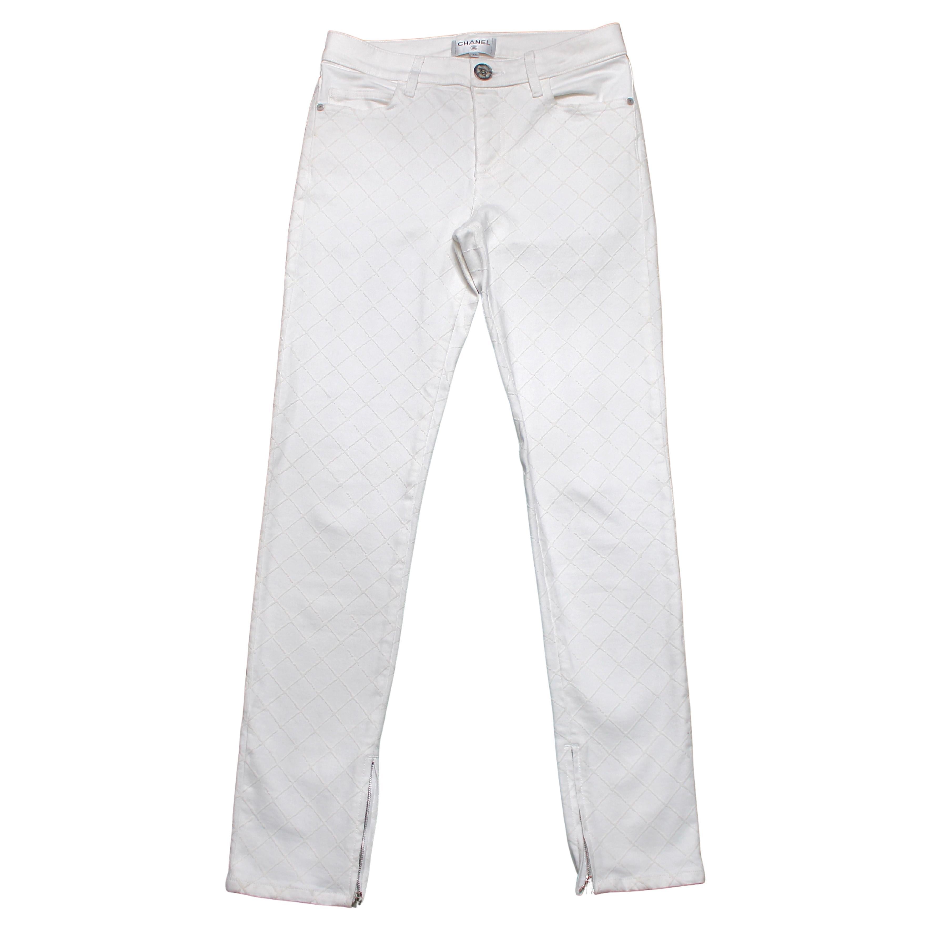 Chanel Weiß gesteppt Filz Denim High Rise Skinny Jeans mit Reißverschluss Details