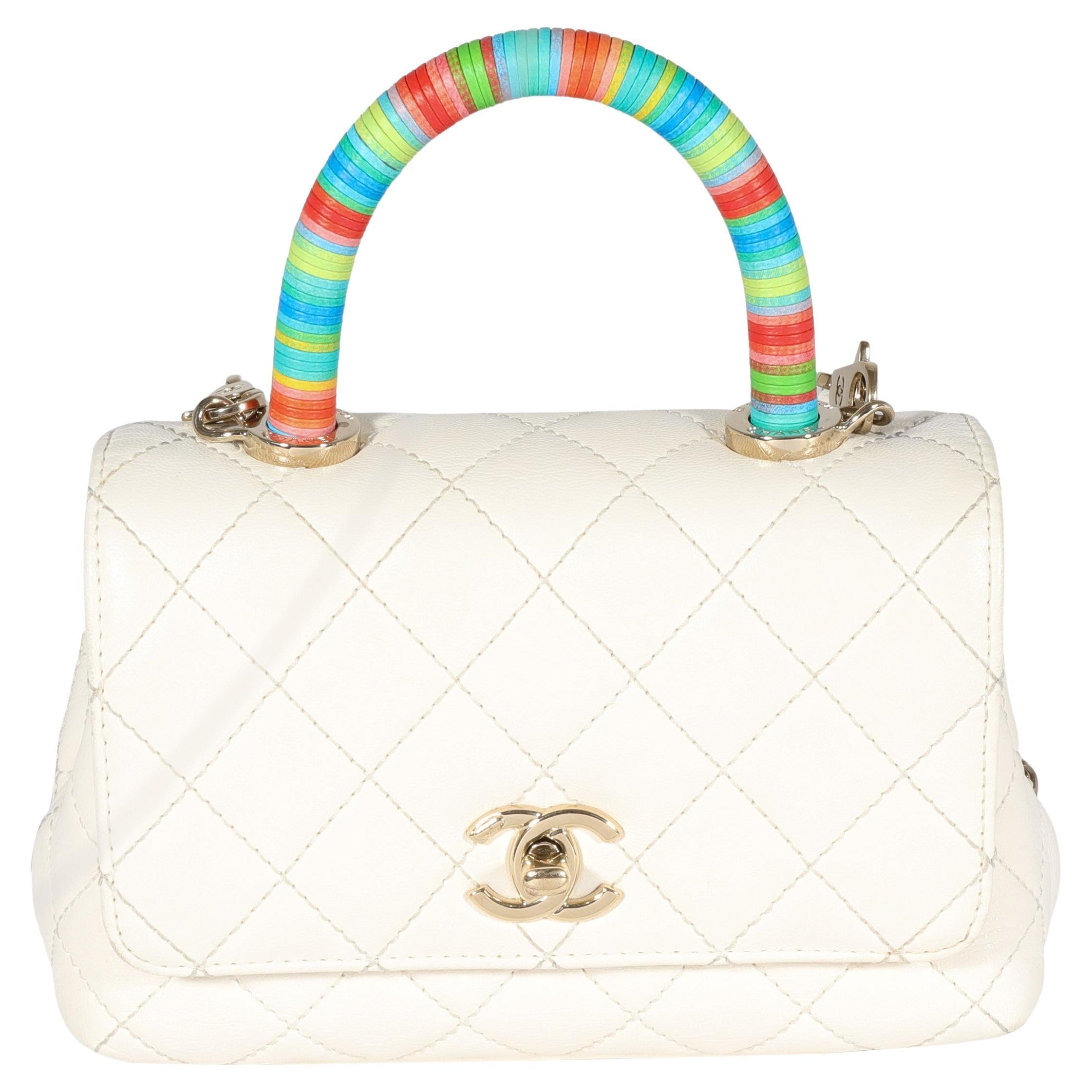Chanel White Quilted Lambskin Mini Rainbow Coco Top Handle Pale Gold Hardware, 2021 (Very Good), Womens Handbag