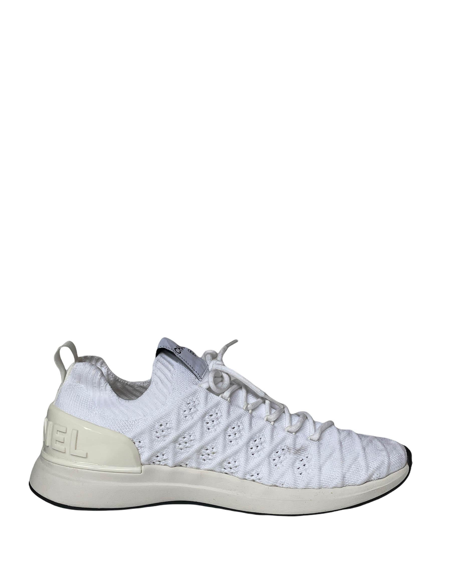Chanel Blanco Acolchado Punto Calcetín Low Top Athletic Sneakers sz 38.5 Gris