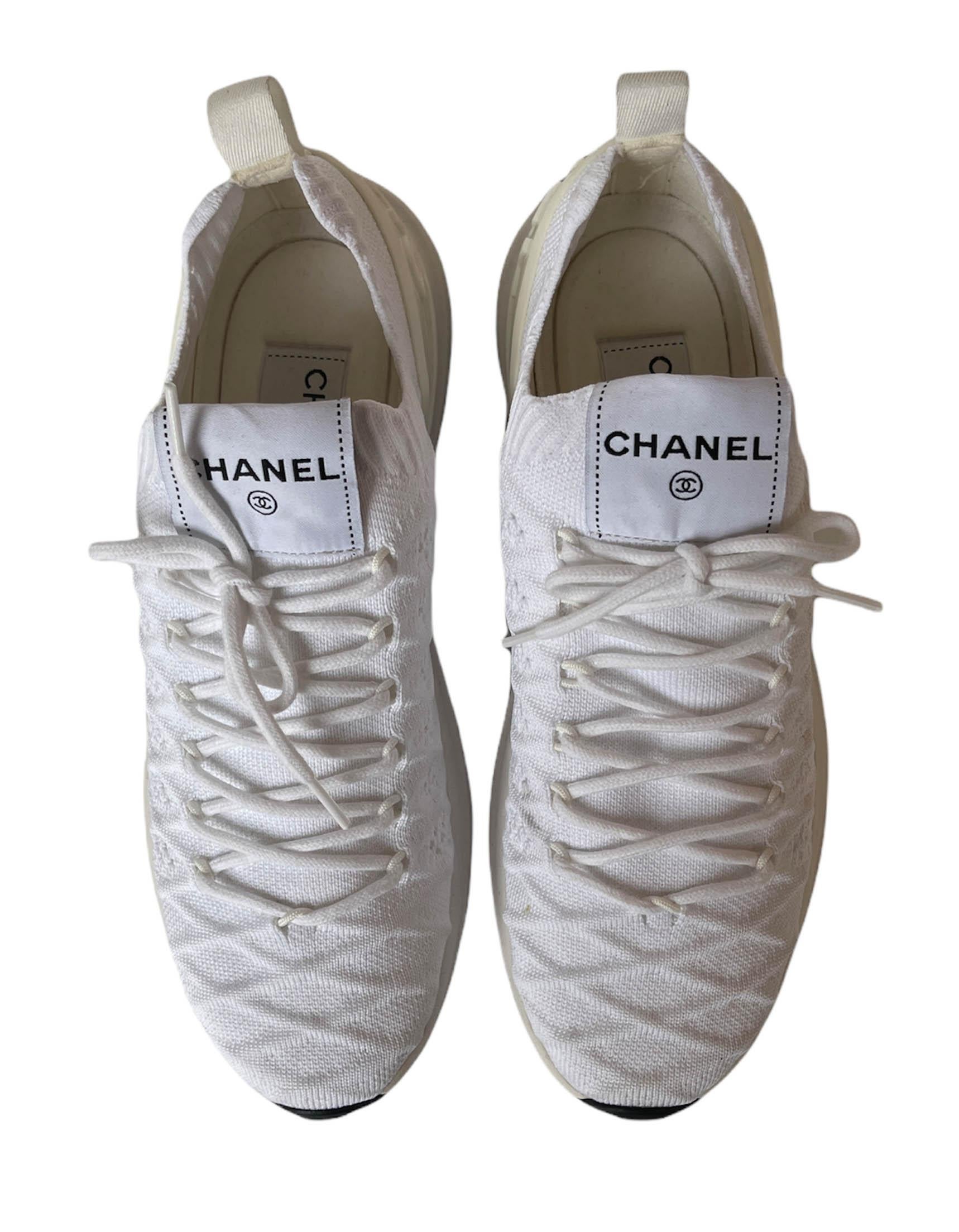 Chanel Blanco Acolchado Punto Calcetín Low Top Athletic Sneakers sz 38.5 1