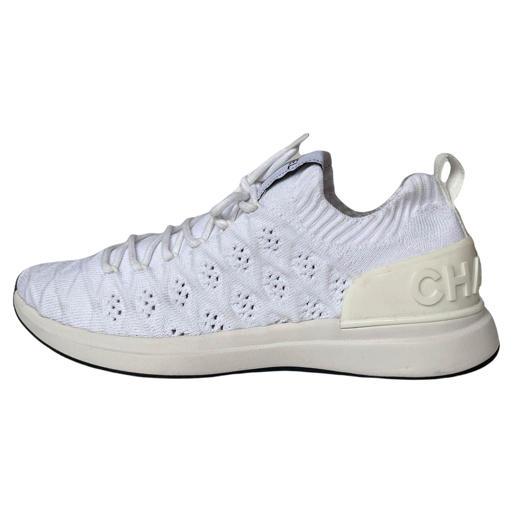 Chanel white lace up sock sneakers trainers sports shoes flat women fabric  lady 120215