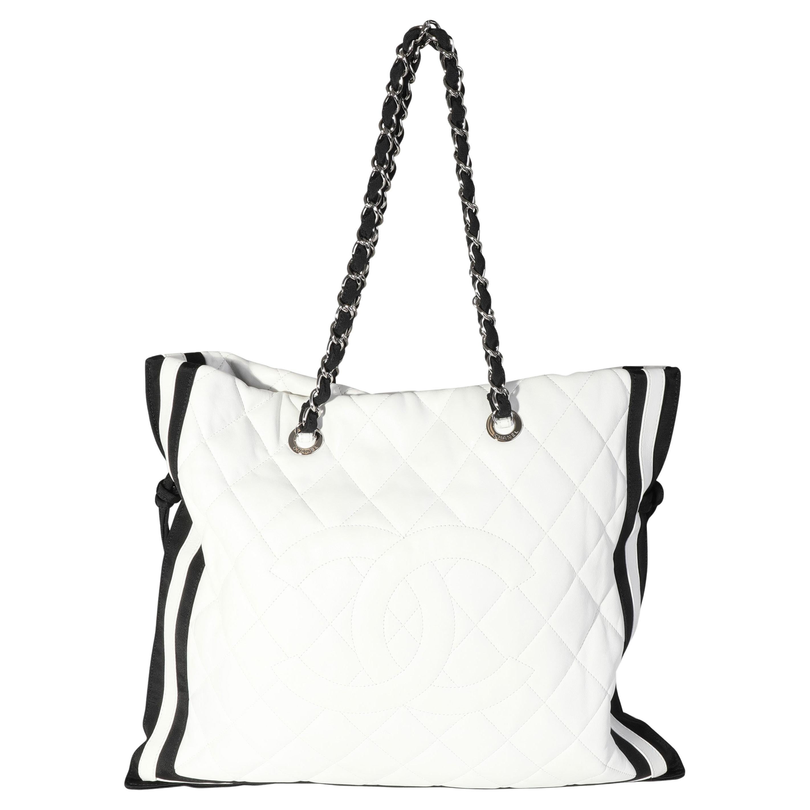 Chanel White Quilted Lambskin and Black Grosgrain CC Drawstring