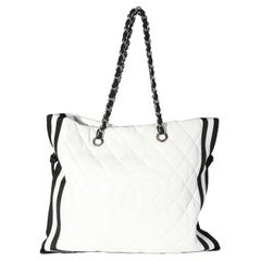 Chanel White Quilted Lambskin & Black Grosgrain CC Drawstring Tote