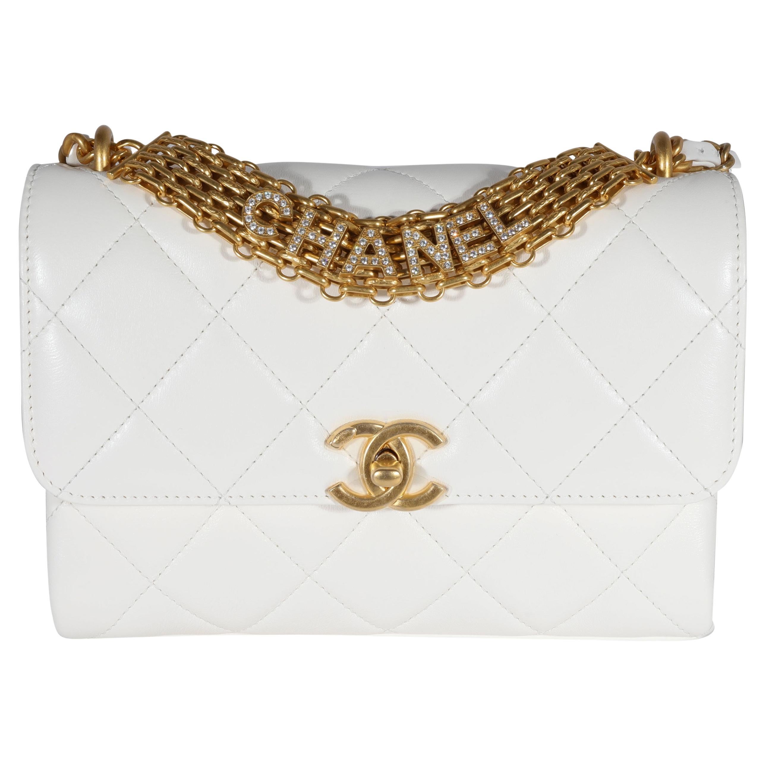 Chanel White Quilted Lambskin Crystal Logo Chain Flap Bag For Sale at  1stDibs