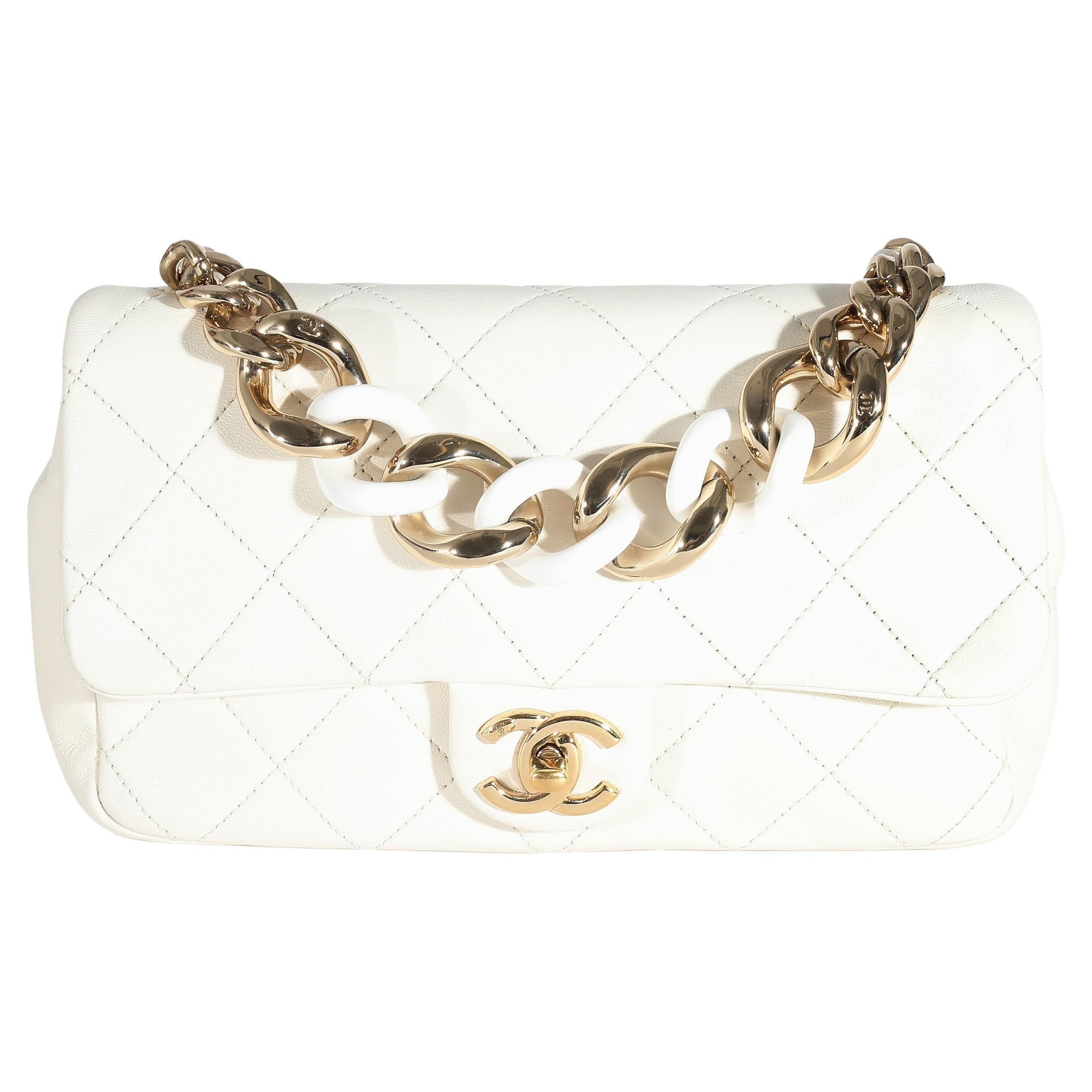 Chanel White Quilted Lambskin Elegant Chain Flap Bag For Sale