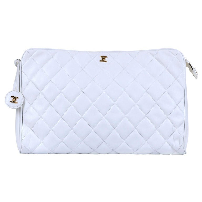Chanel White Quilted Lambskin Large Clutch Bag by Karl Lagerfeld For Sale at 1stdibs