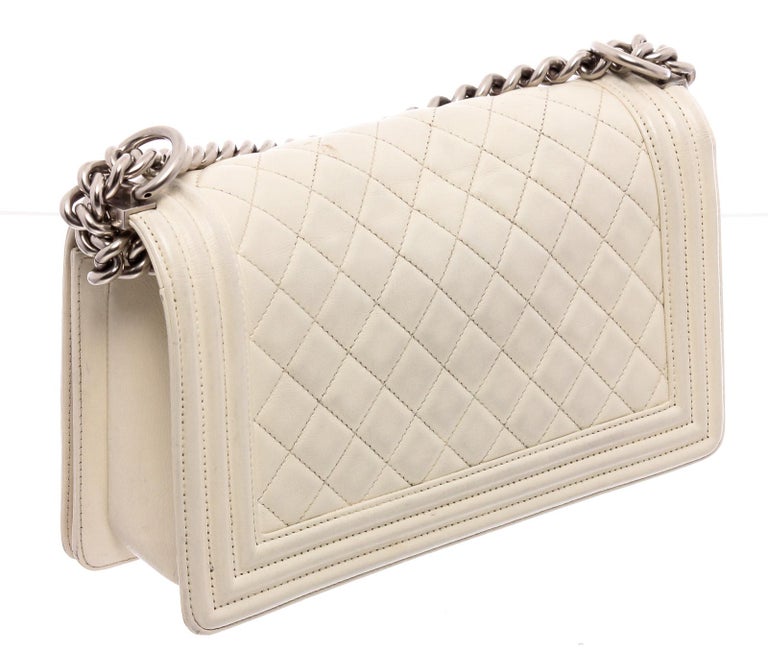 Chanel White Quilted Lambskin Leather Medium Boy Bag at 1stDibs