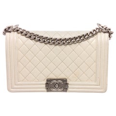 Chanel White Quilted Lambskin Leather Medium Boy Bag