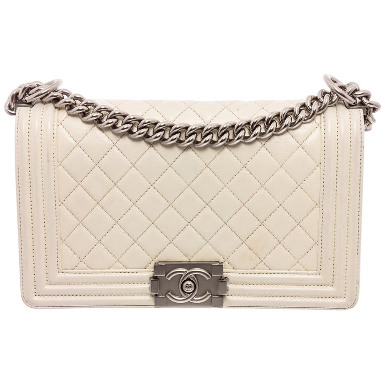 Chanel Boy Flap Bag Quilted Lambskin Old Medium White With Dust Bag 