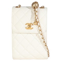 Chanel White Quilted Lambskin Pearl Crush Phone Holder With Chain