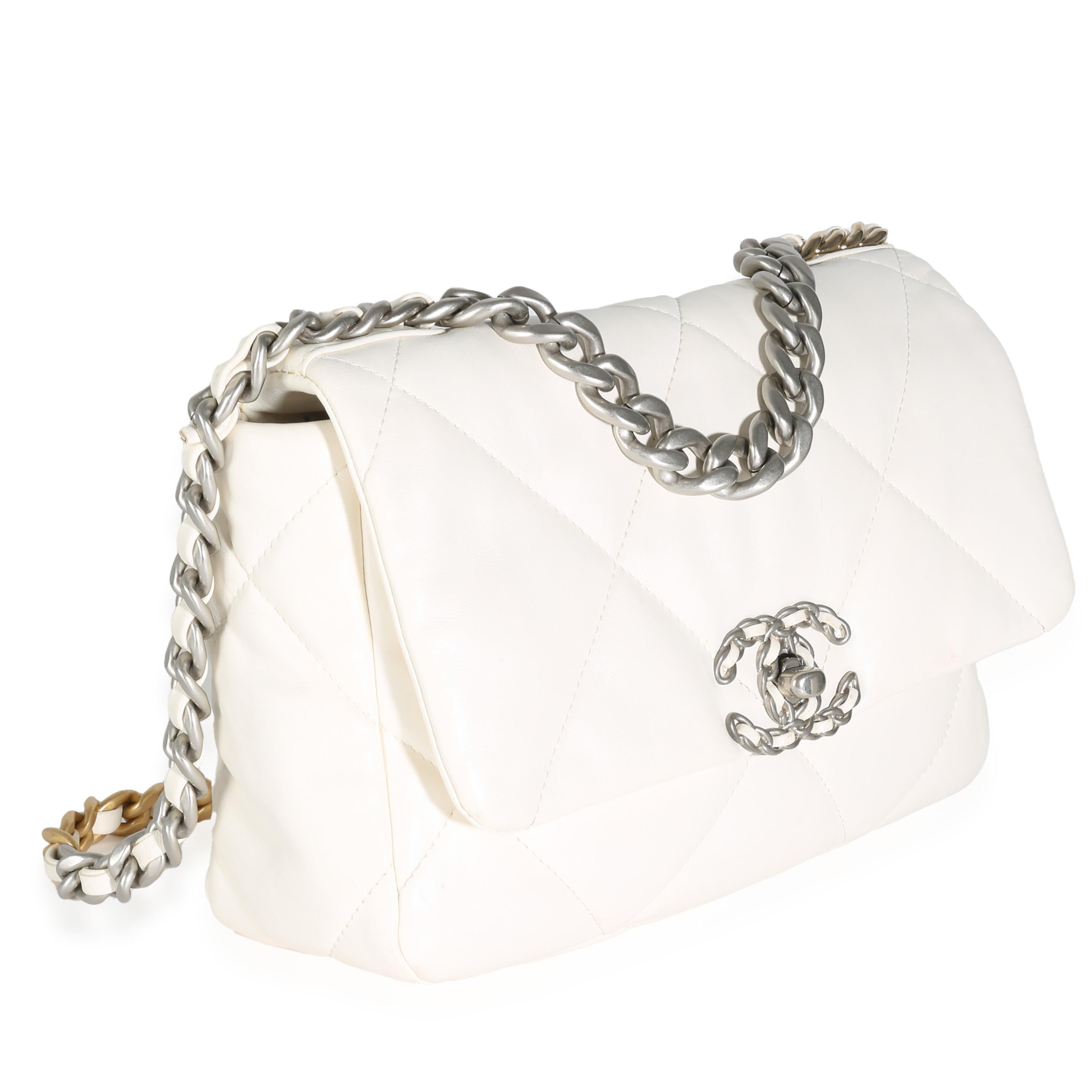 Gray Chanel White Quilted Lambskin Small Chanel 19 Flap Bag For Sale