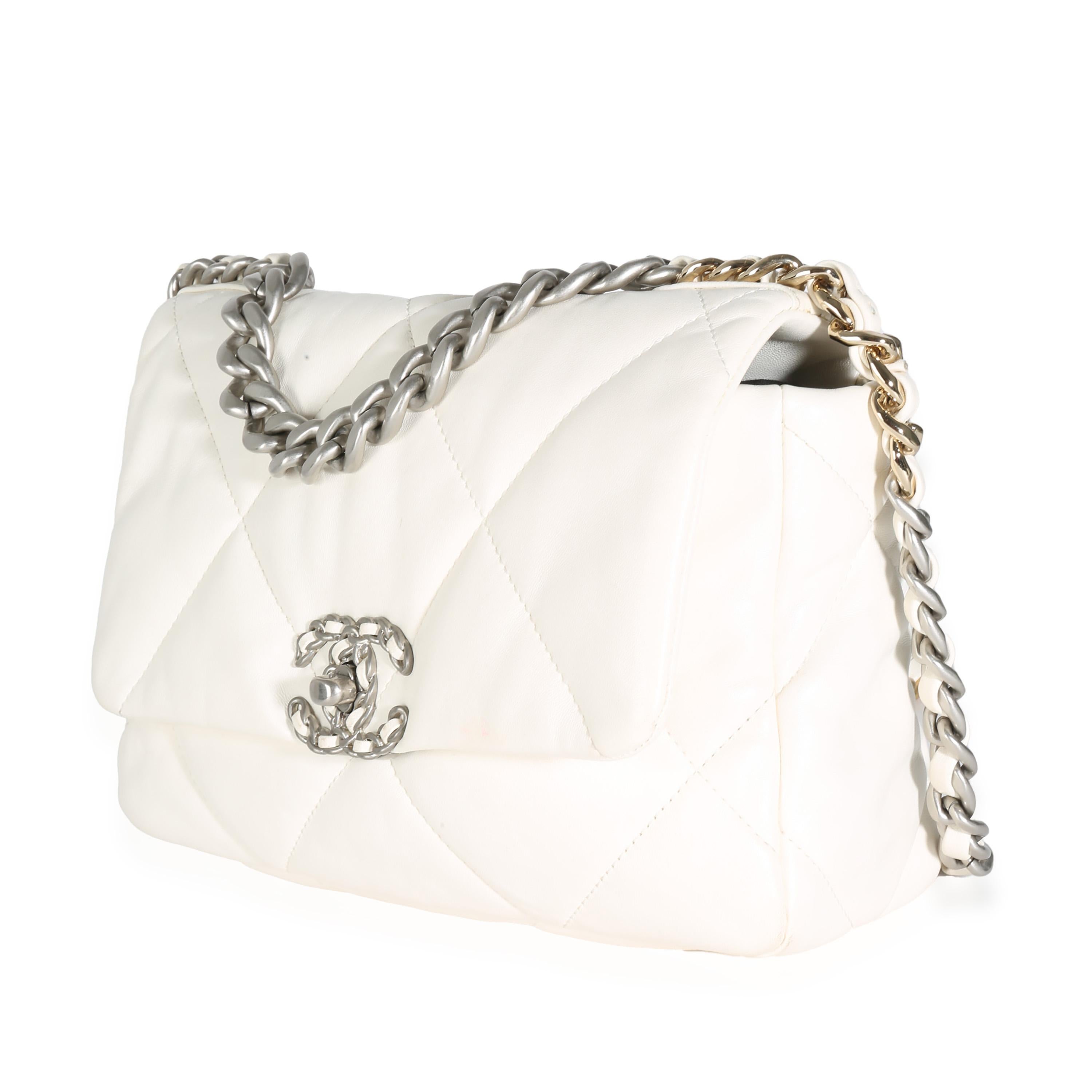 Chanel White Quilted Lambskin Small Chanel 19 Flap Bag In Excellent Condition For Sale In New York, NY