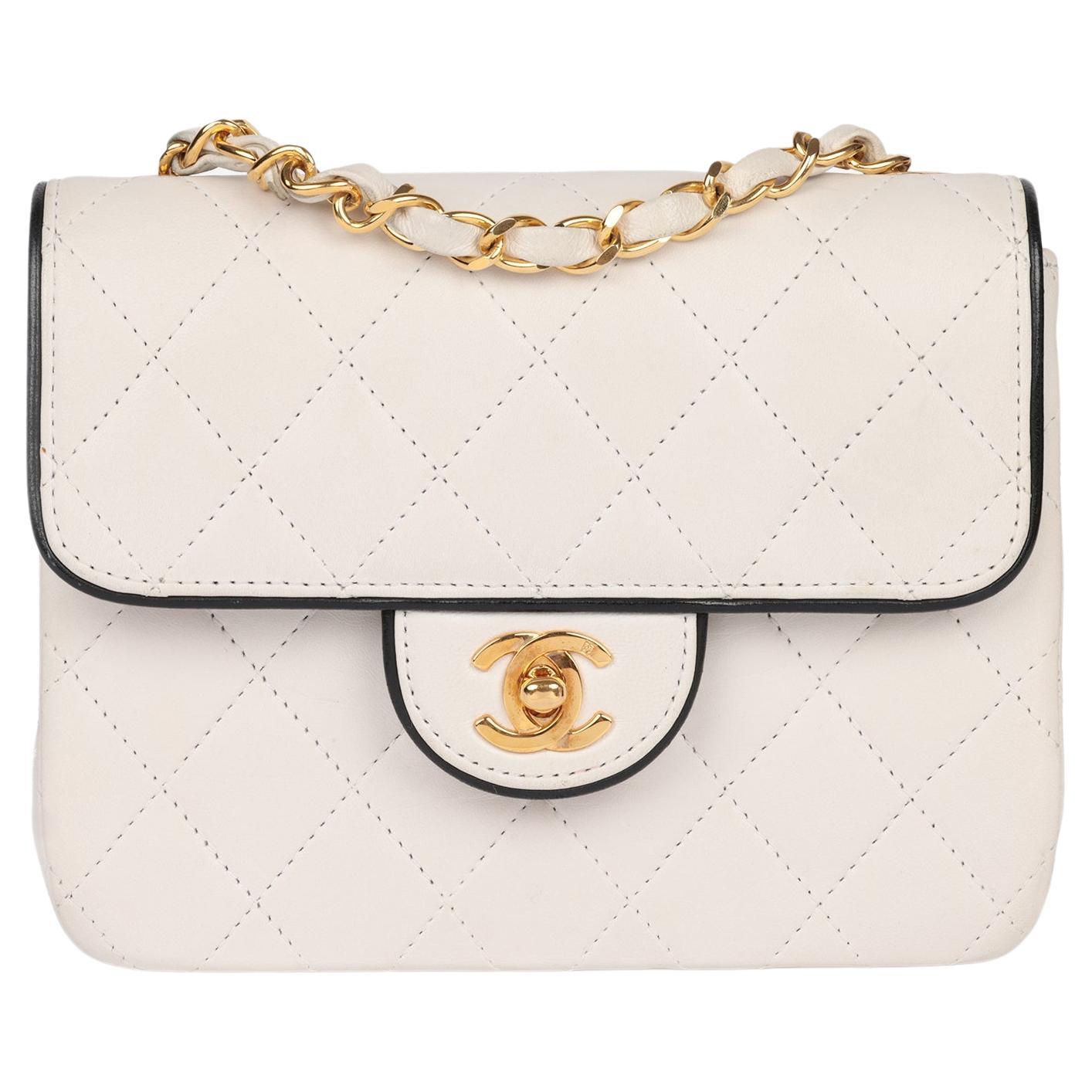 Chanel White Quilted Lambskin With Black Trim Vintage Square Mini Flap Bag