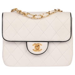 Chanel White Quilted Lambskin With Black Trim Retro Square Mini Flap Bag