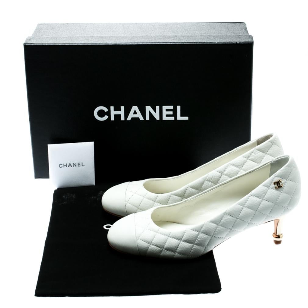 Chanel White Quilted Leather Cap Toe CC Pumps Size 35 3