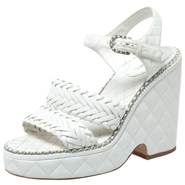 Chanel White Quilted Leather Chain Ankle Strap Platform Wedge Sandals Size  39.5