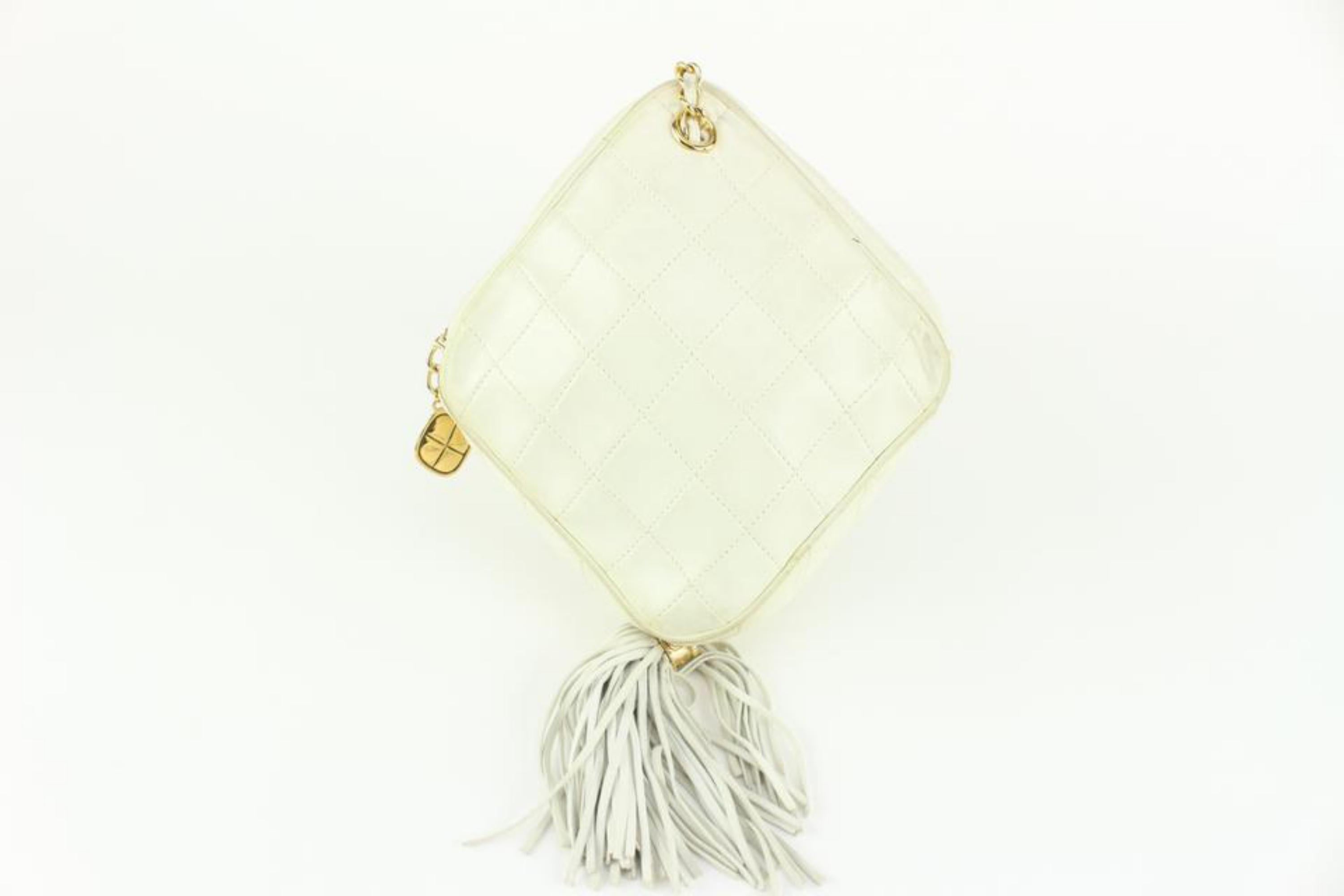 Women's Chanel White Quilted Leather Diamond Clutch on Chain Tassel Bag 1123c30 For Sale