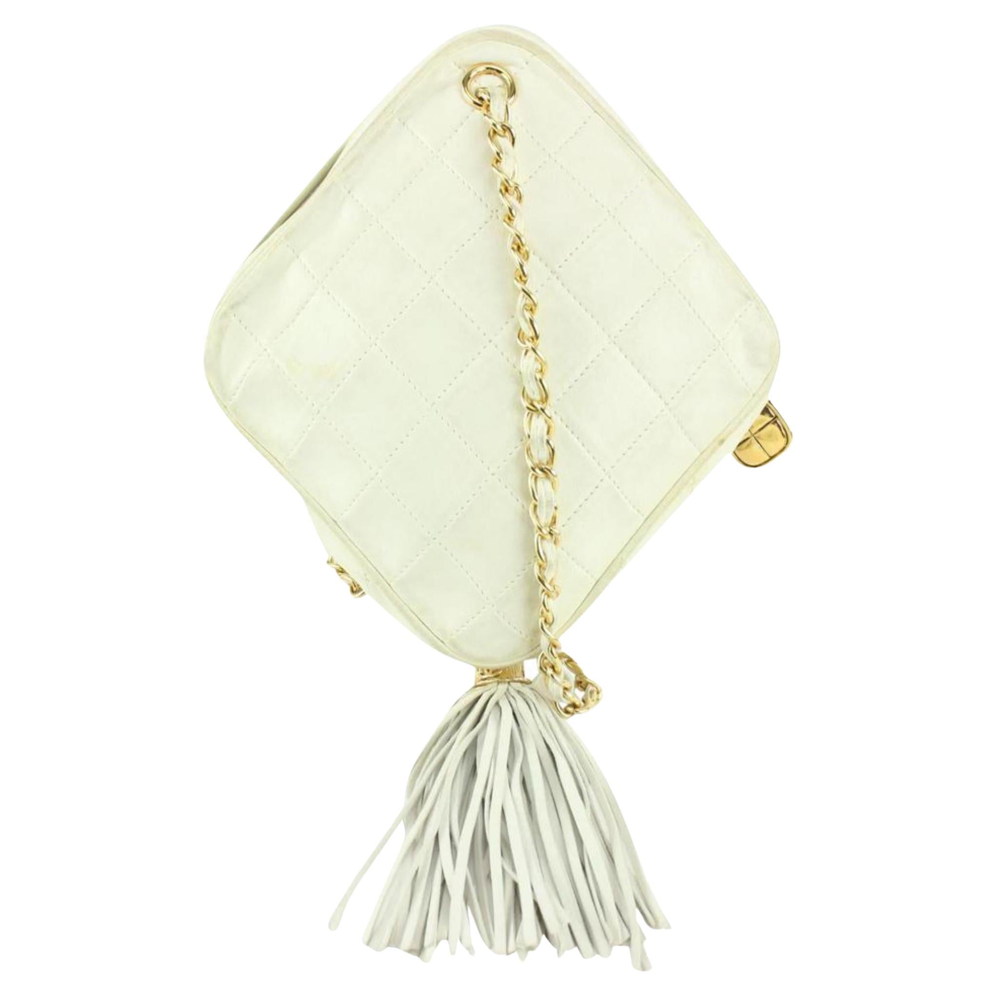 Chanel White Quilted Leather Diamond Clutch on Chain Tassel Bag 1123c30 For Sale