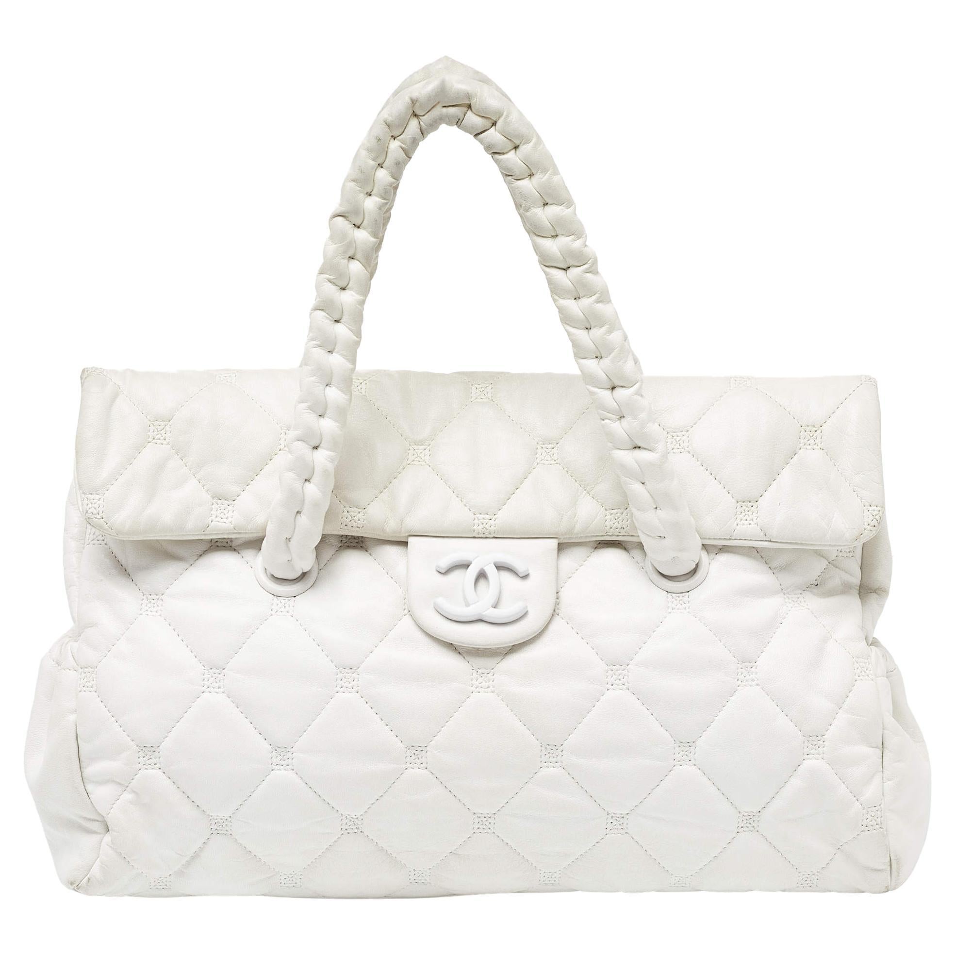 Chanel White Quilted Leather Hidden Chain Flap Bag For Sale