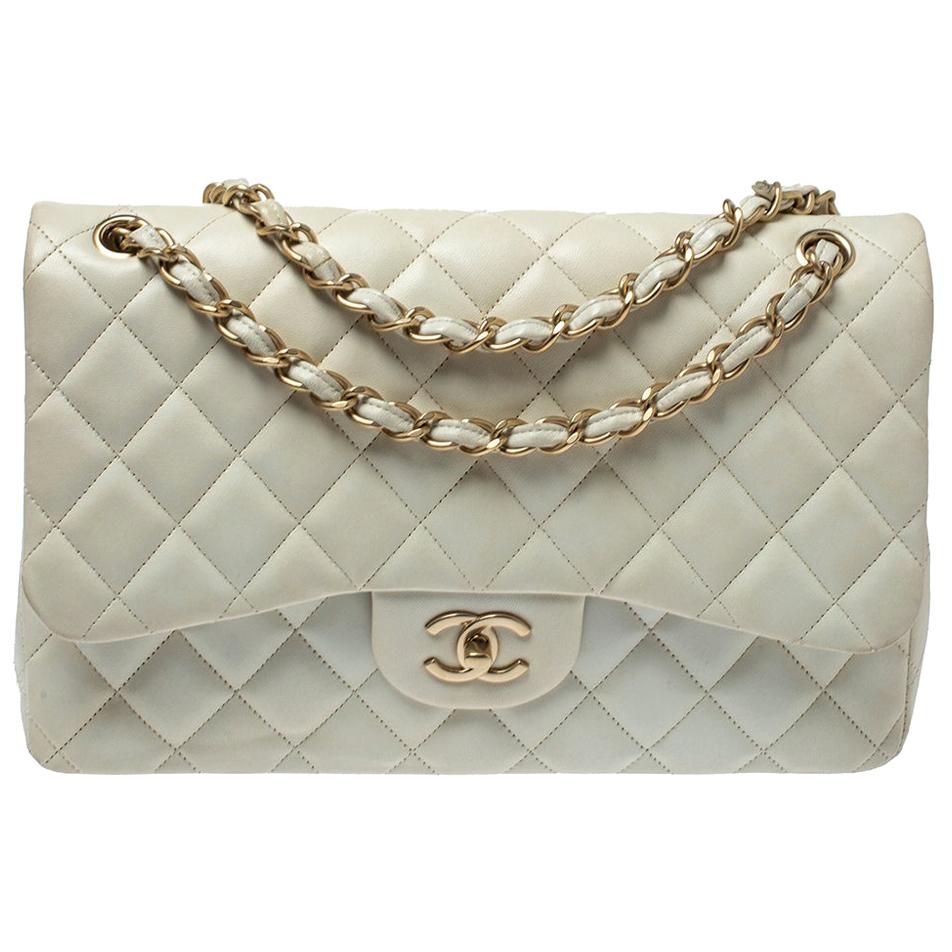 Chanel White Quilted Leather Jumbo Classic Double Flap Bag