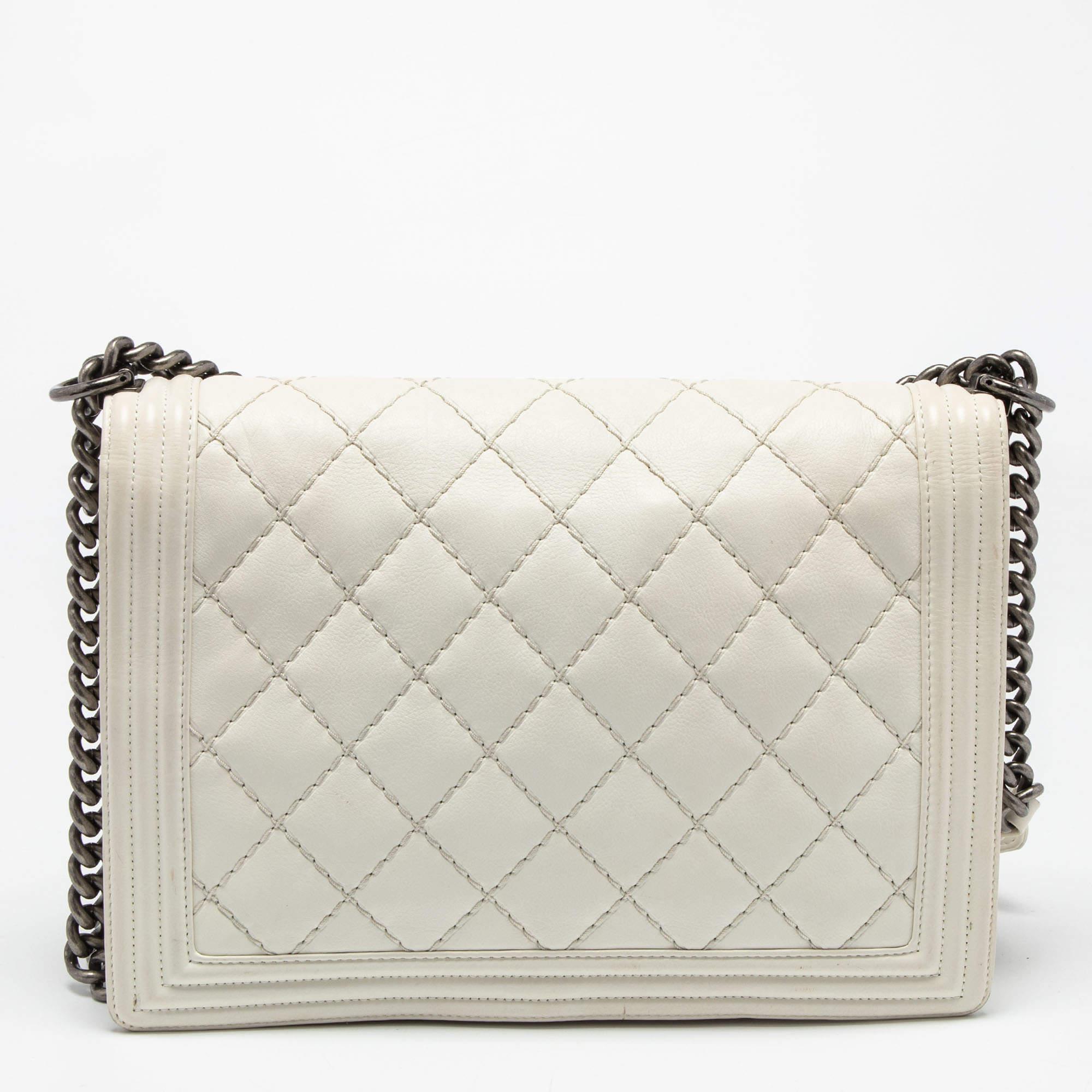 Chanel White Quilted Leather Large Wild Stitch Boy Bag 3