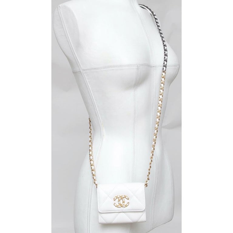 CHANEL Shiny Goatskin Quilted Chanel 19 Wallet On Chain WOC White 695818