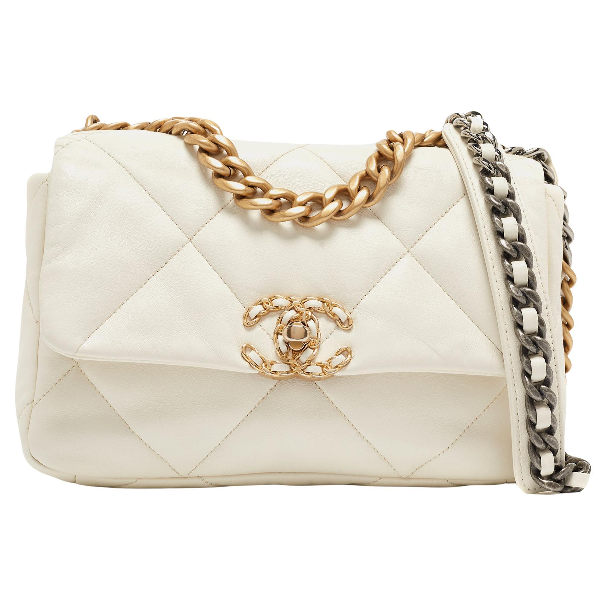 Chanel White Quilted Leather Small 19 Flap Bag