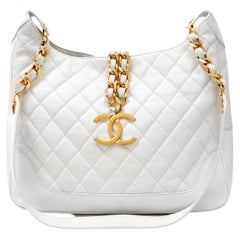 Chanel White Quilted Leather Vintage Structured Hobo