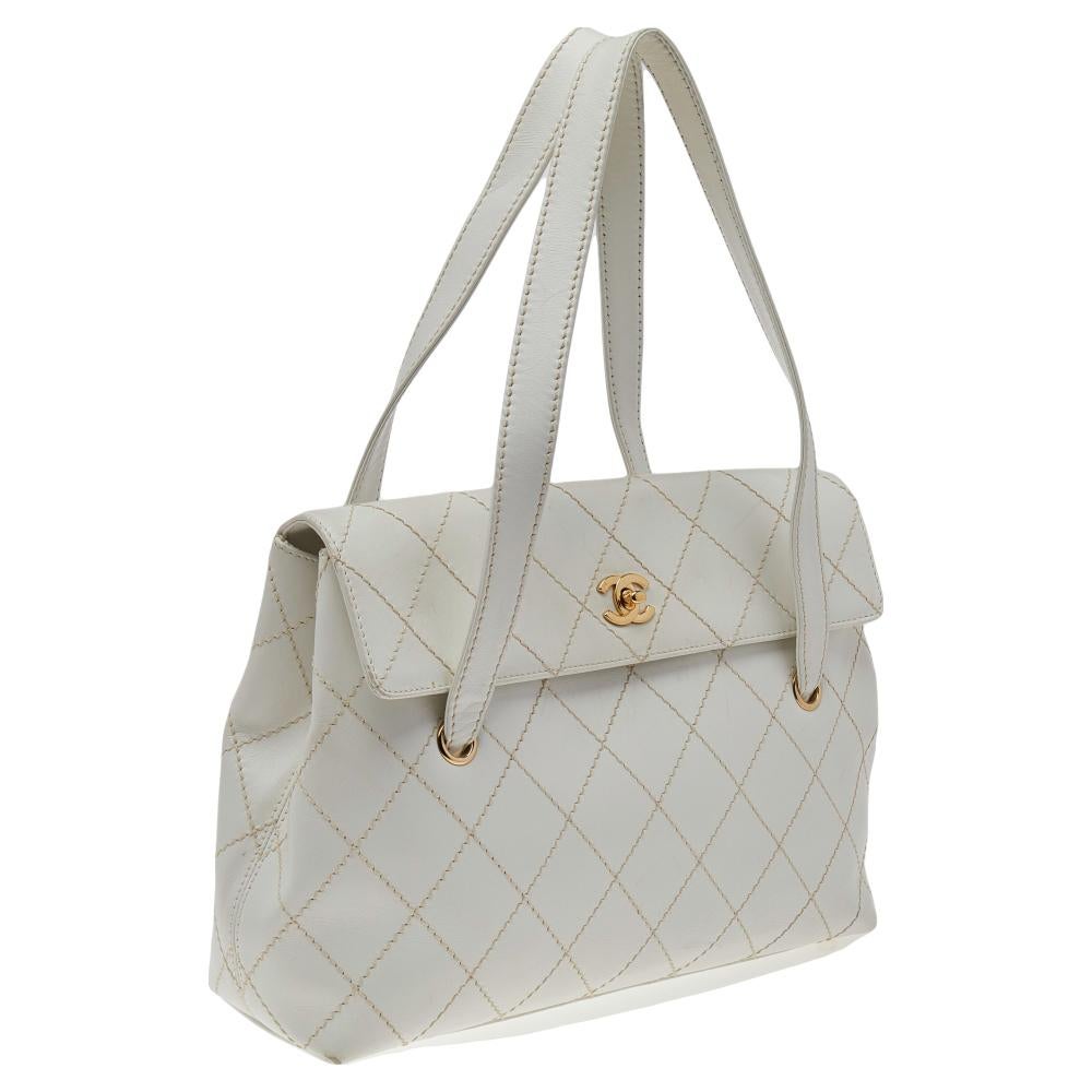 Gray Chanel White Quilted Leather Wild Stitch Flap Shoulder Bag