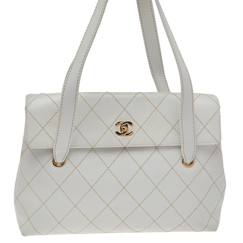 Women's Chanel White Quilted Leather Wild Stitch Flap Shoulder Bag