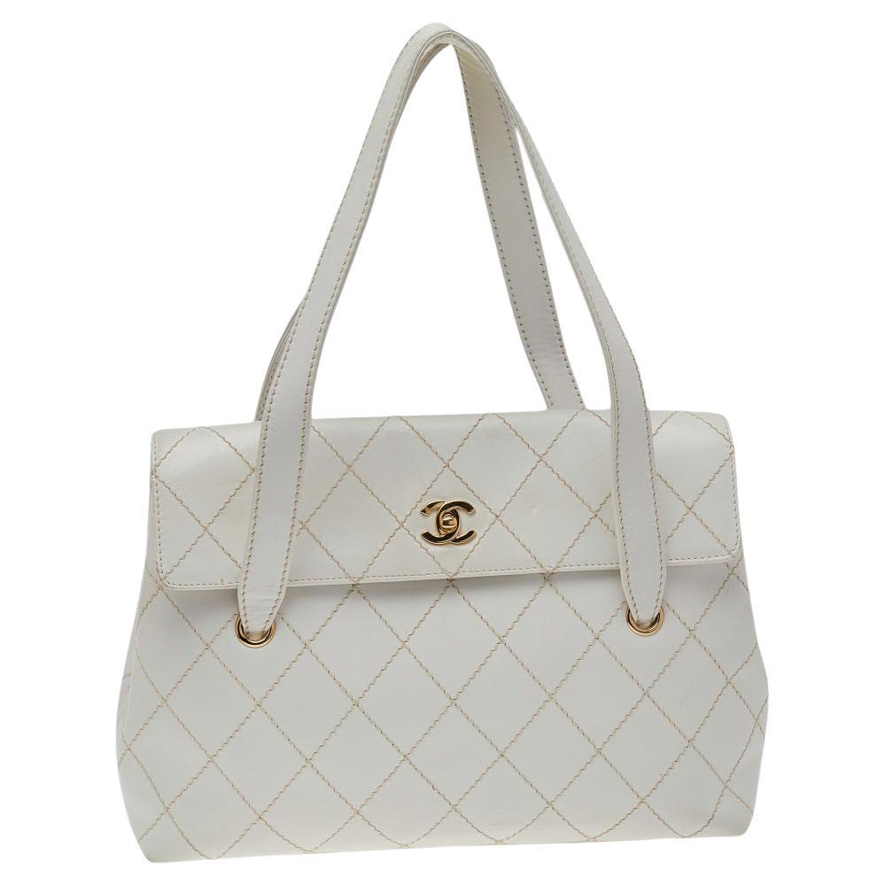 Chanel White Quilted Leather Wild Stitch Flap Shoulder Bag at