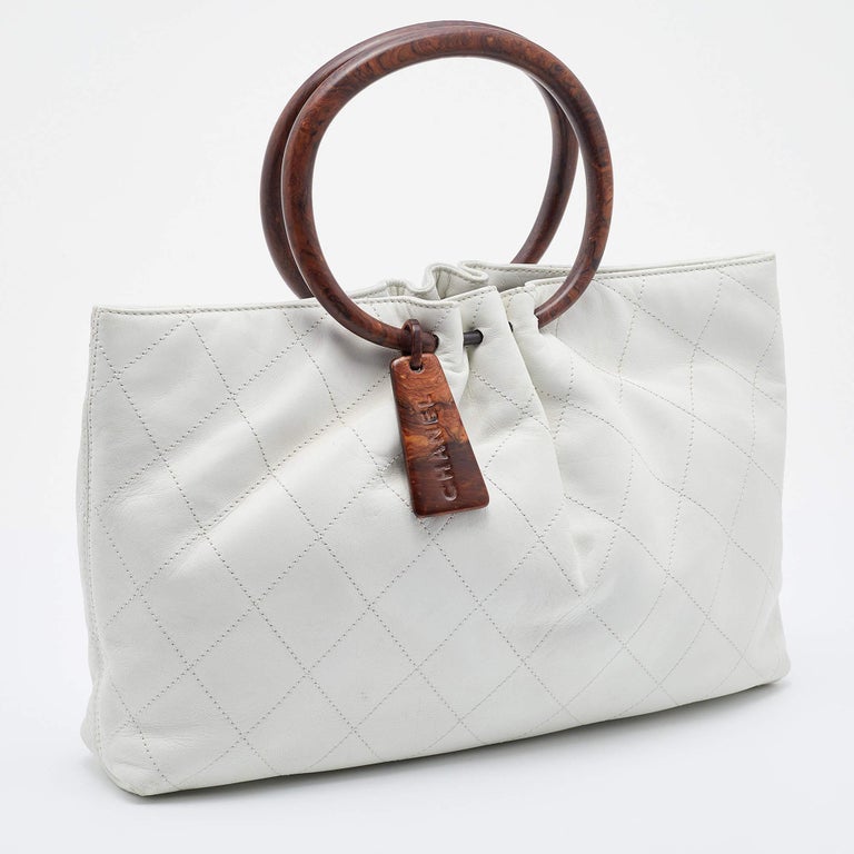 Chanel White Quilted Leather Wooden Handle Bag