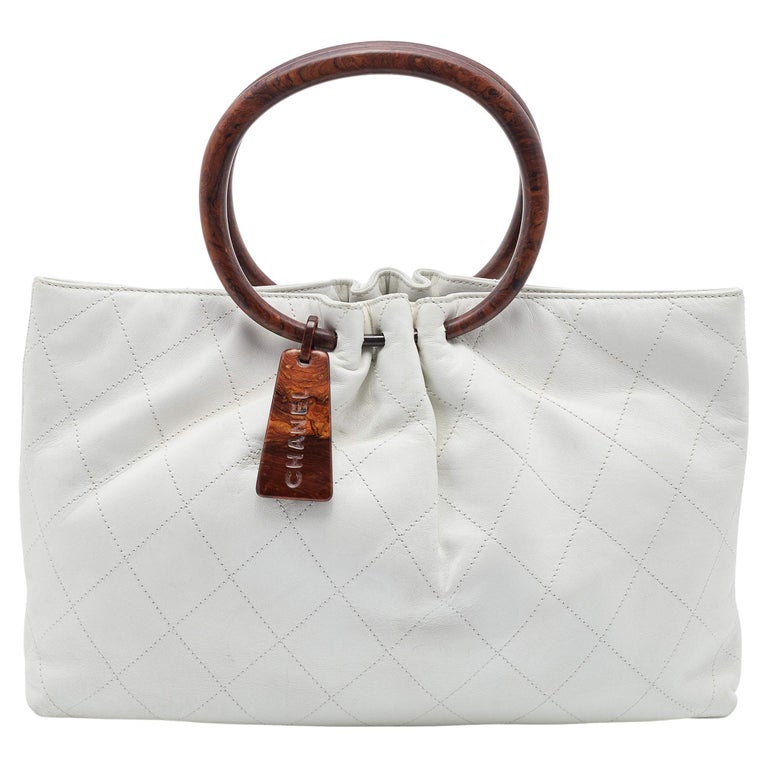 Chanel White Quilted Leather Wooden Handle Bag at 1stDibs
