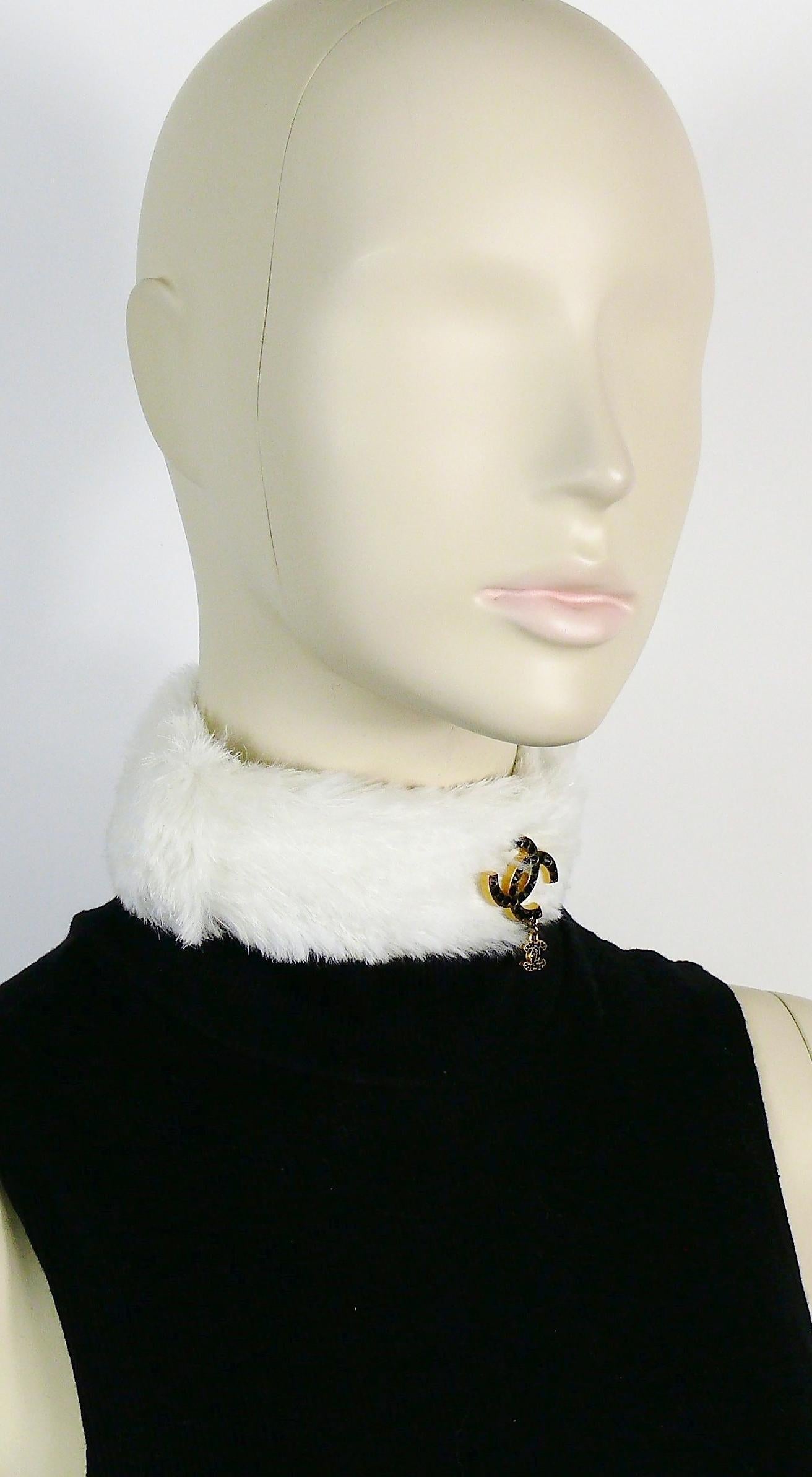 Chanel White Rabbit Fur Jewelled CC Choker Necklace 1