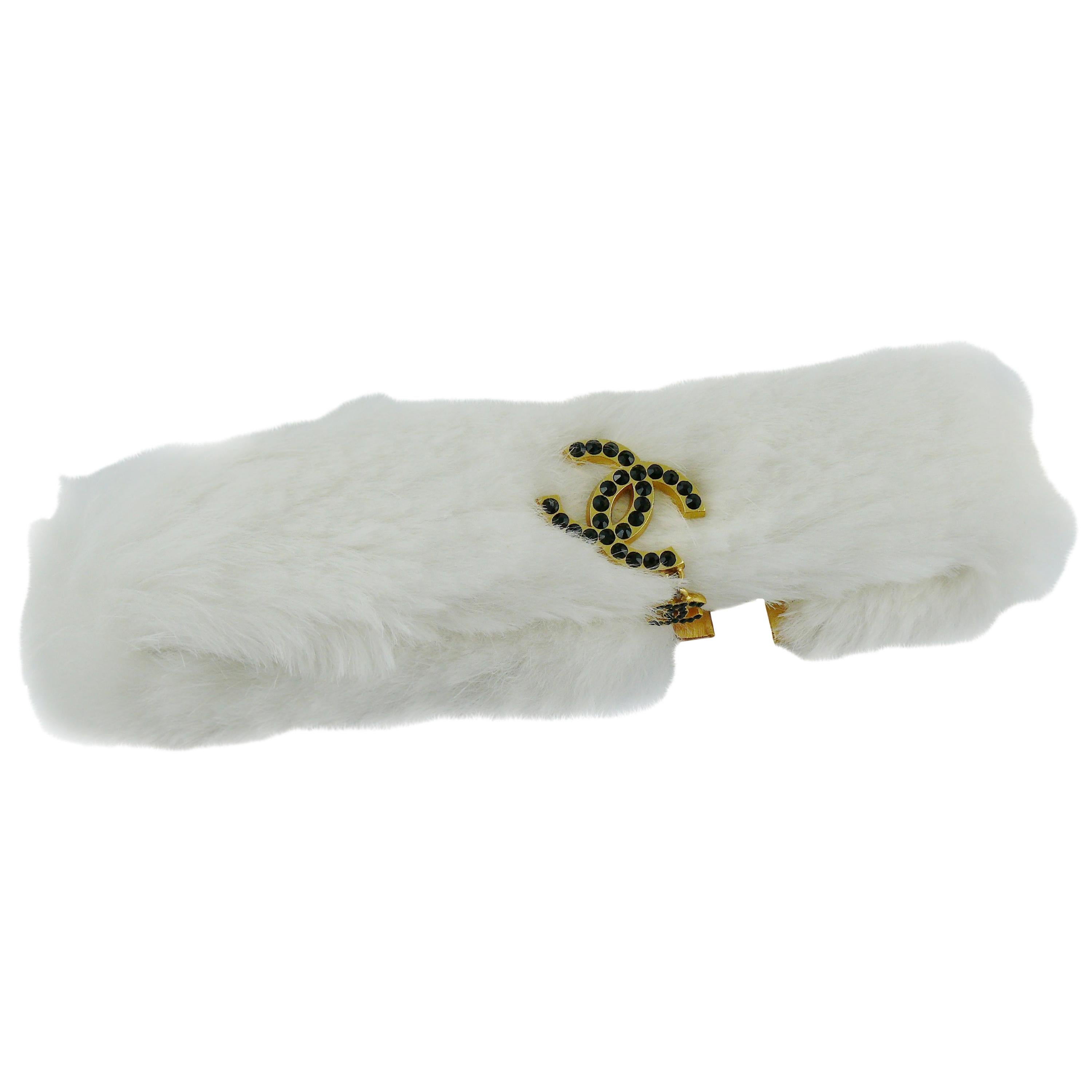Chanel White Rabbit Fur Jewelled CC Choker Necklace