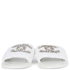 CHANEL white raffia 23S CRYSTAL CC SLIDE Sandals Shoes 38.5 G40083