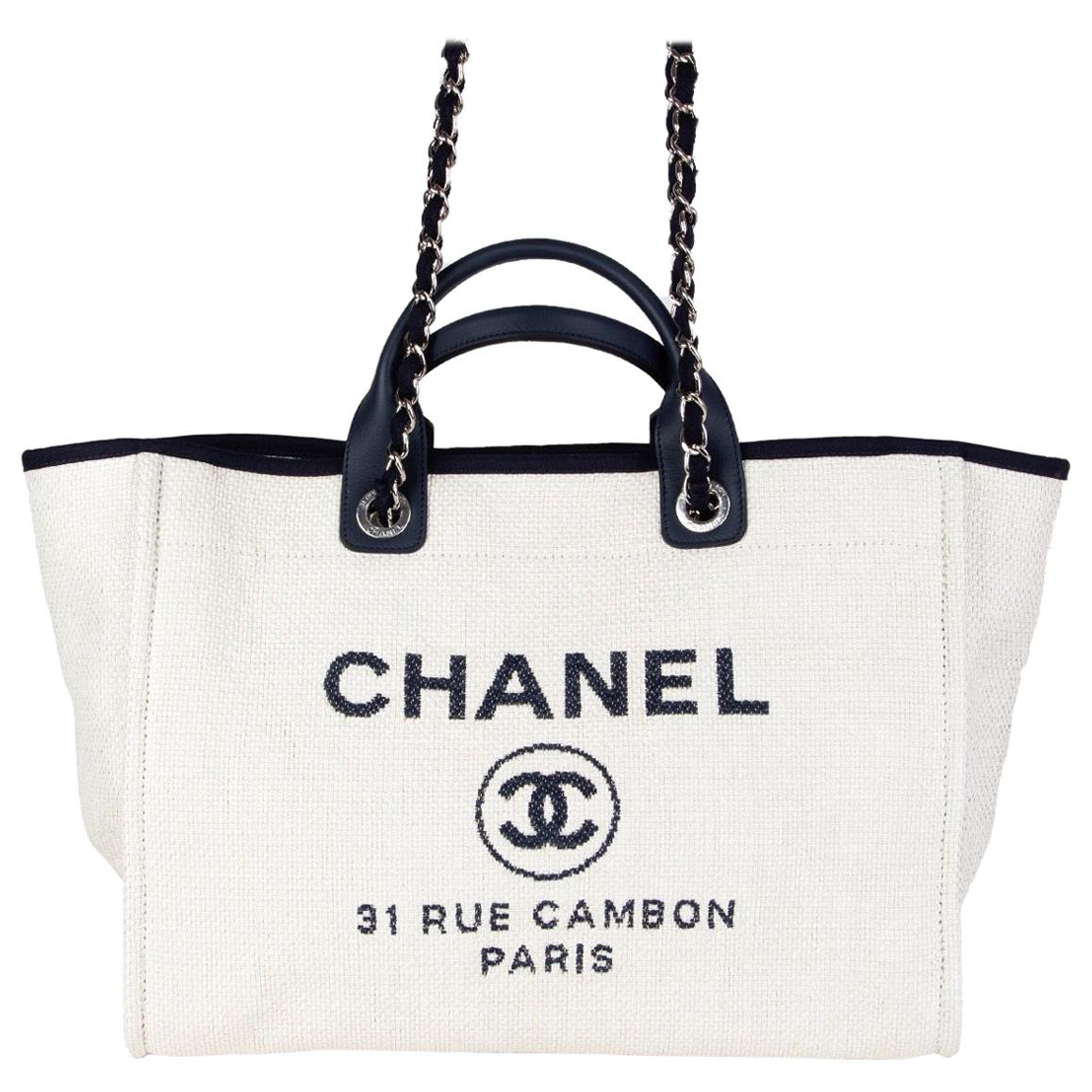CHANEL white raffia & navy leather DEAUVILLE LARGE Shopper Shoulder Bag