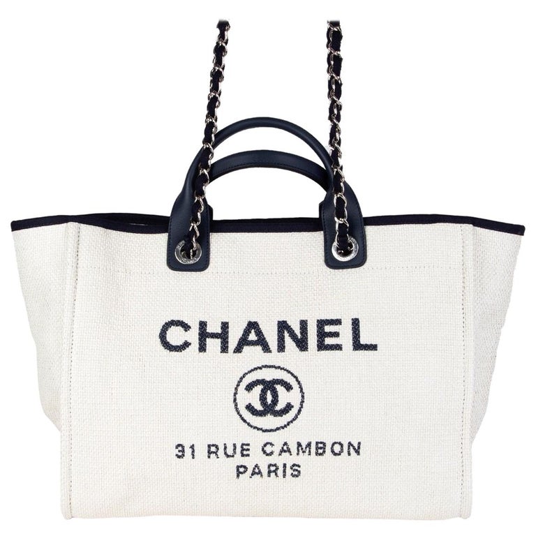 CHANEL white raffia and navy leather DEAUVILLE LARGE Shopper Shoulder Bag  at 1stDibs