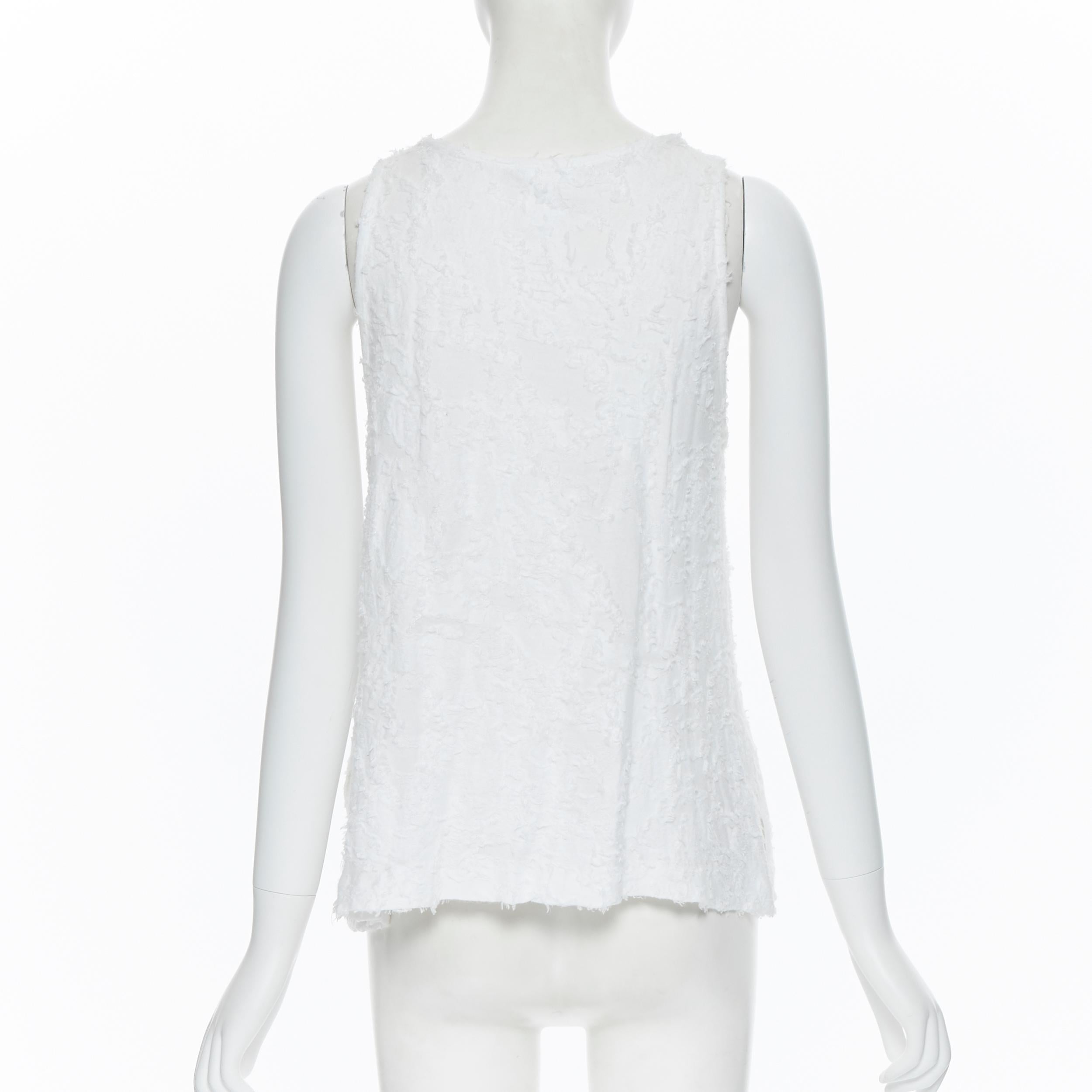 CHANEL white raw frayed cotton trio camellia floral brooch tank top FR36 S In Excellent Condition In Hong Kong, NT