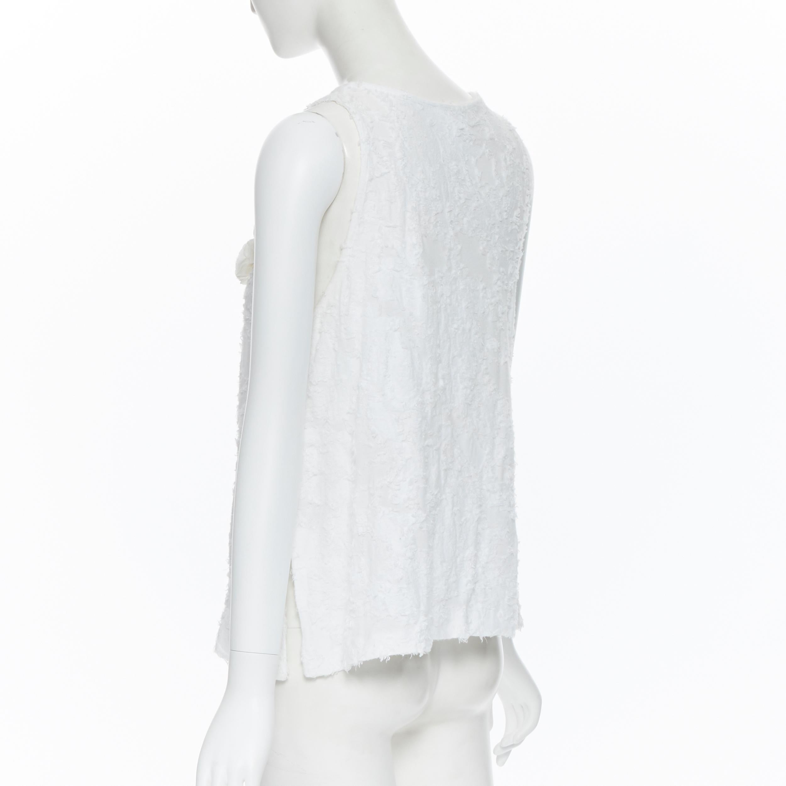 Women's CHANEL white raw frayed cotton trio camellia floral brooch tank top FR36 S