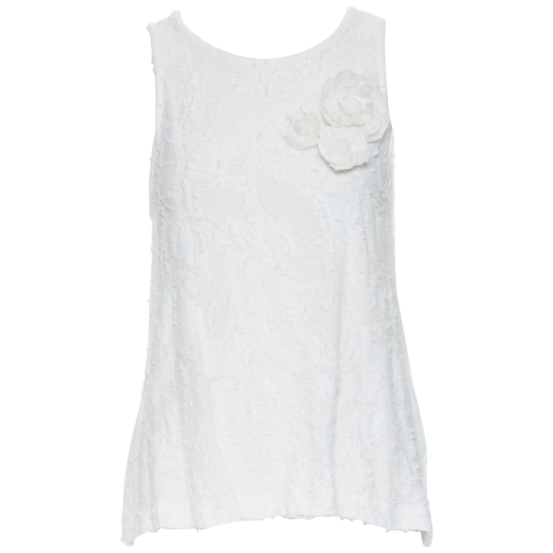 CHANEL white raw frayed cotton trio camellia floral brooch tank top FR36 S