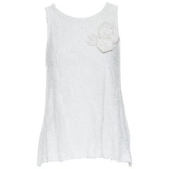 CHANEL white raw frayed cotton trio camellia floral brooch tank top FR36 S
