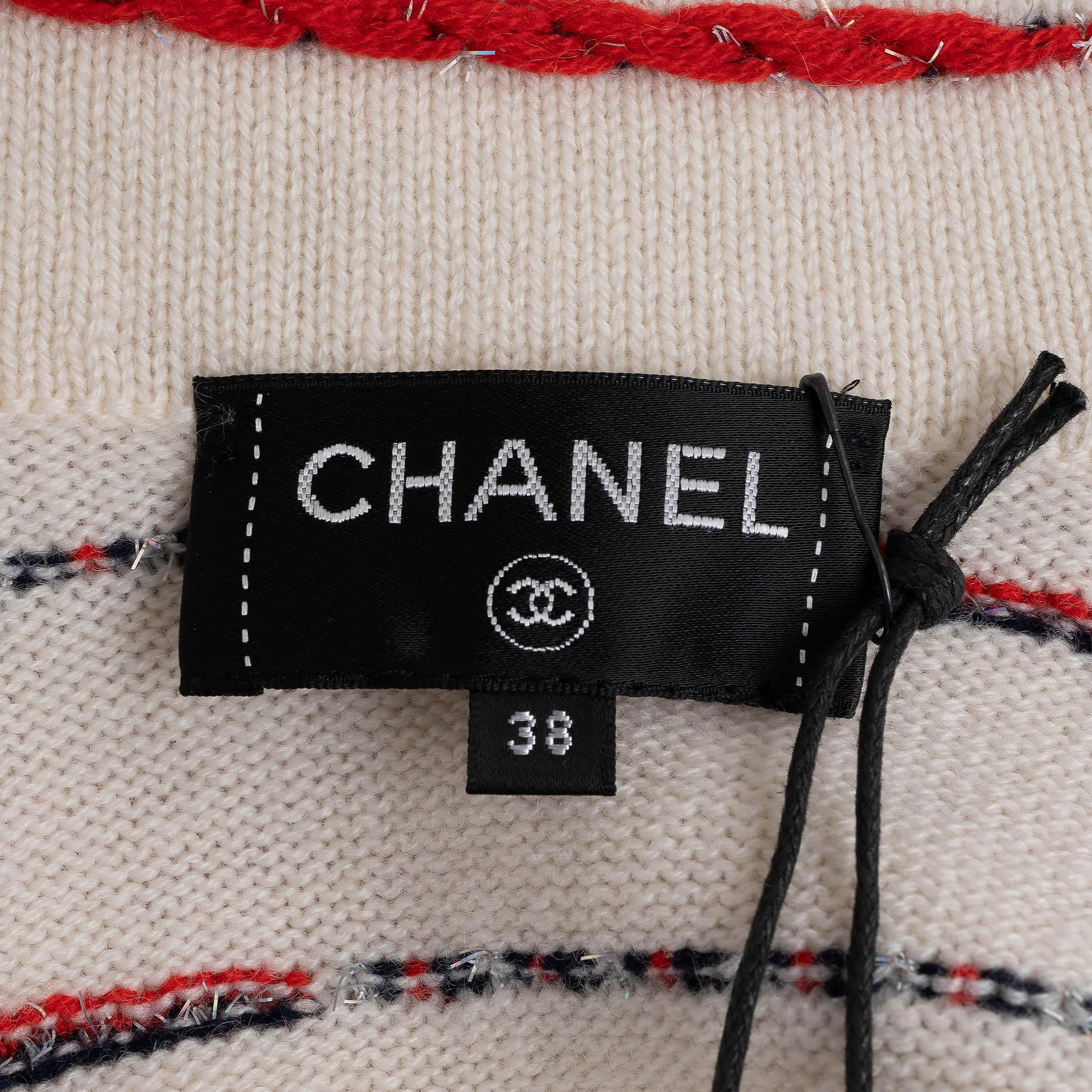 CHANEL bianco rosso blu cashmere 20S STRIPED KNIT Giacca 38 S in vendita 2