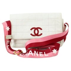 Chanel White Red Quilted Lambskin Leather East West Chocolate Bar Shoulder Bag