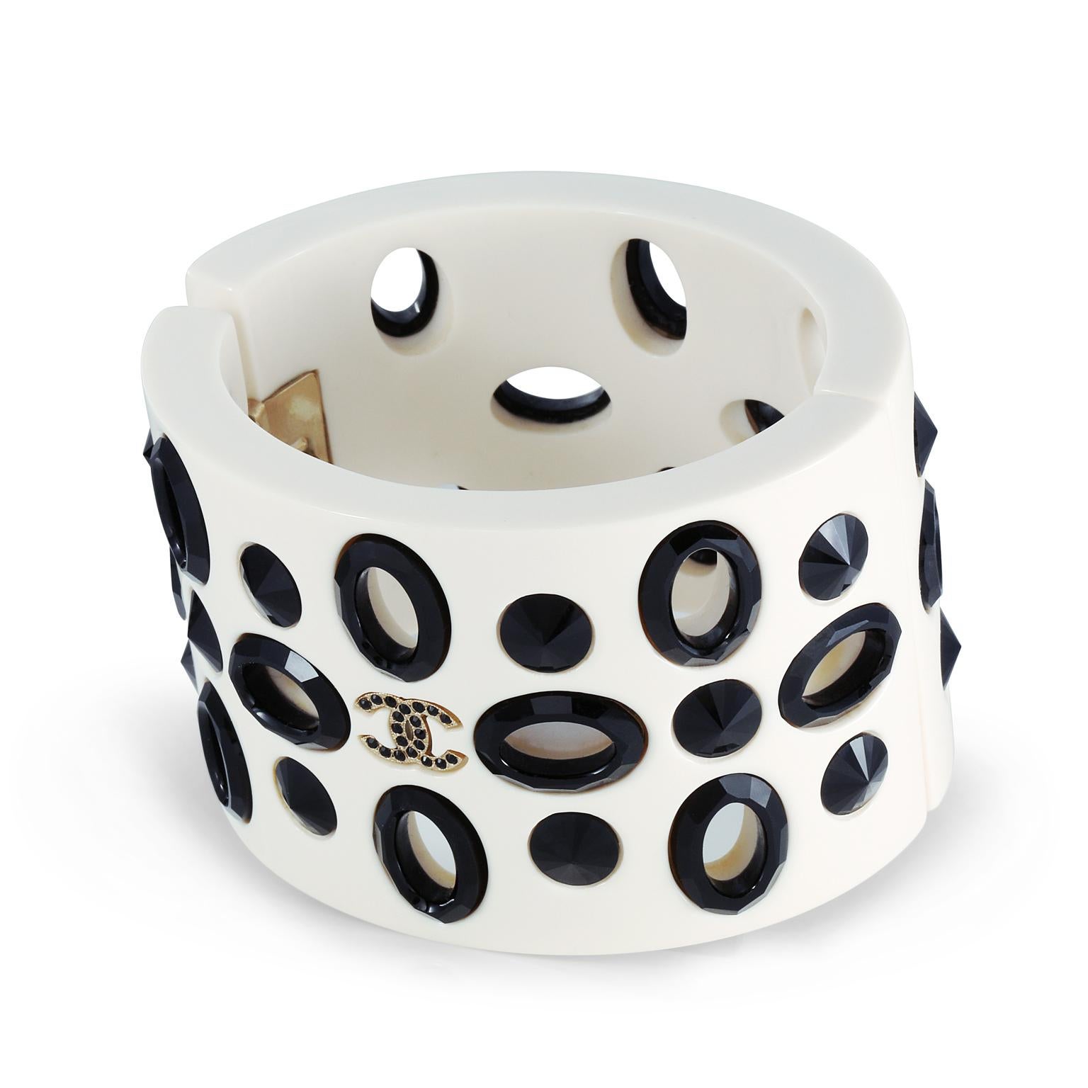 Women's Chanel White Resin and Crystal Hinged Cuff