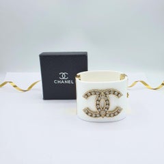 Chanel White Resin CC Logo Cuff Bracelet