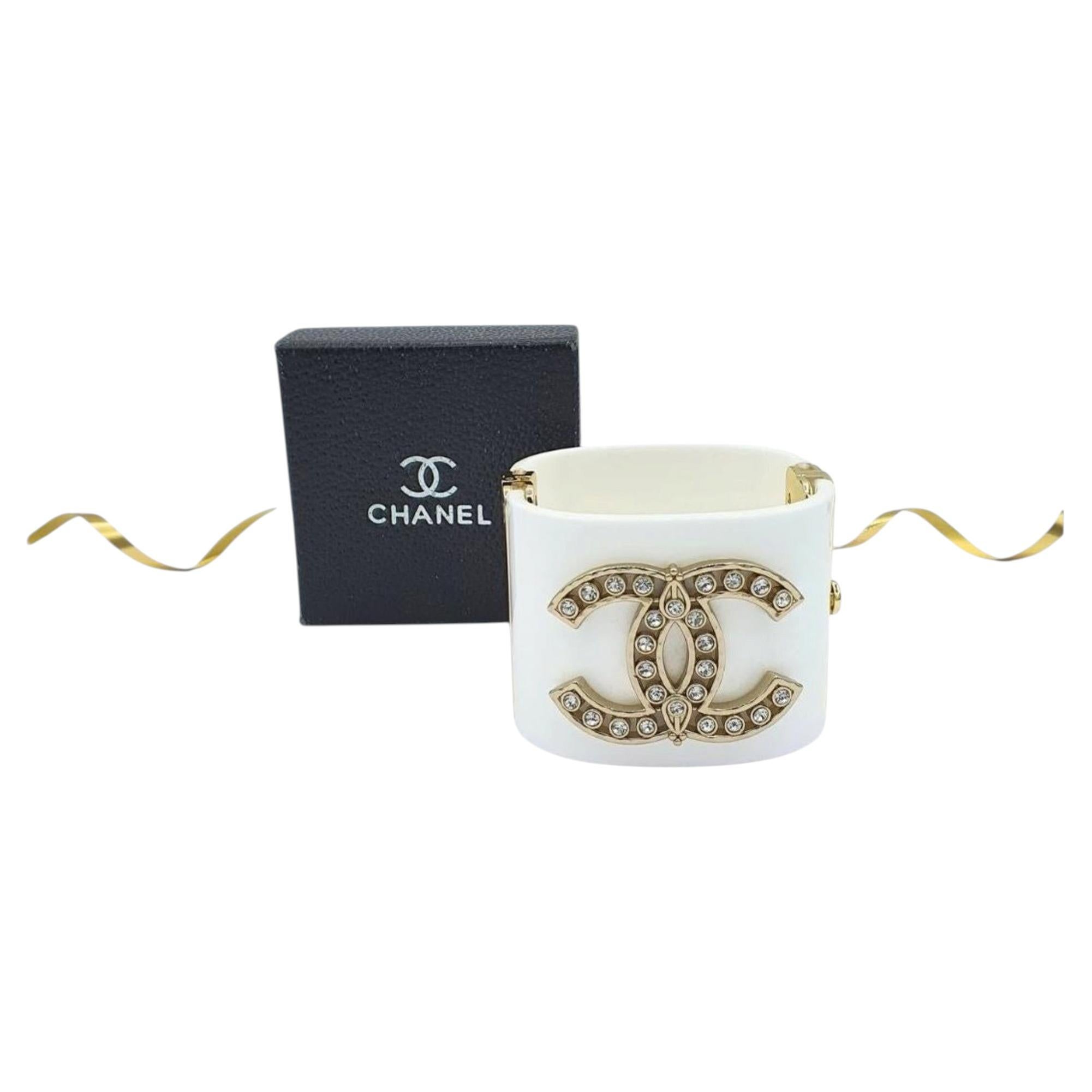 Chanel White Resin CC Logo Cuff Bracelet, Gold-Tone, Rhinestones, 2022