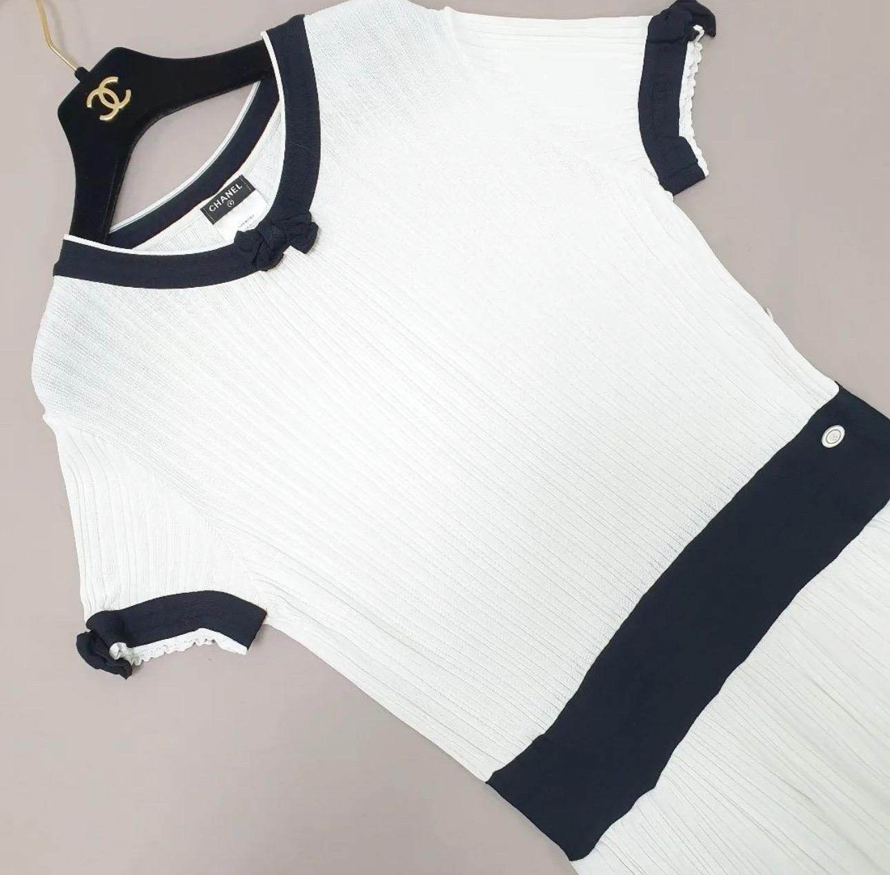 Women's Chanel White Rib Knit Contrast Trim Detail Mini Dress
